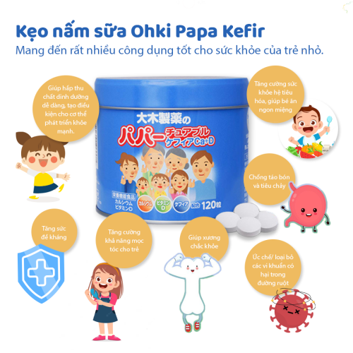 Kẹo nấm sữa Ohki Papa Kefir + Acid Lactic + Calcium D + 120 viên